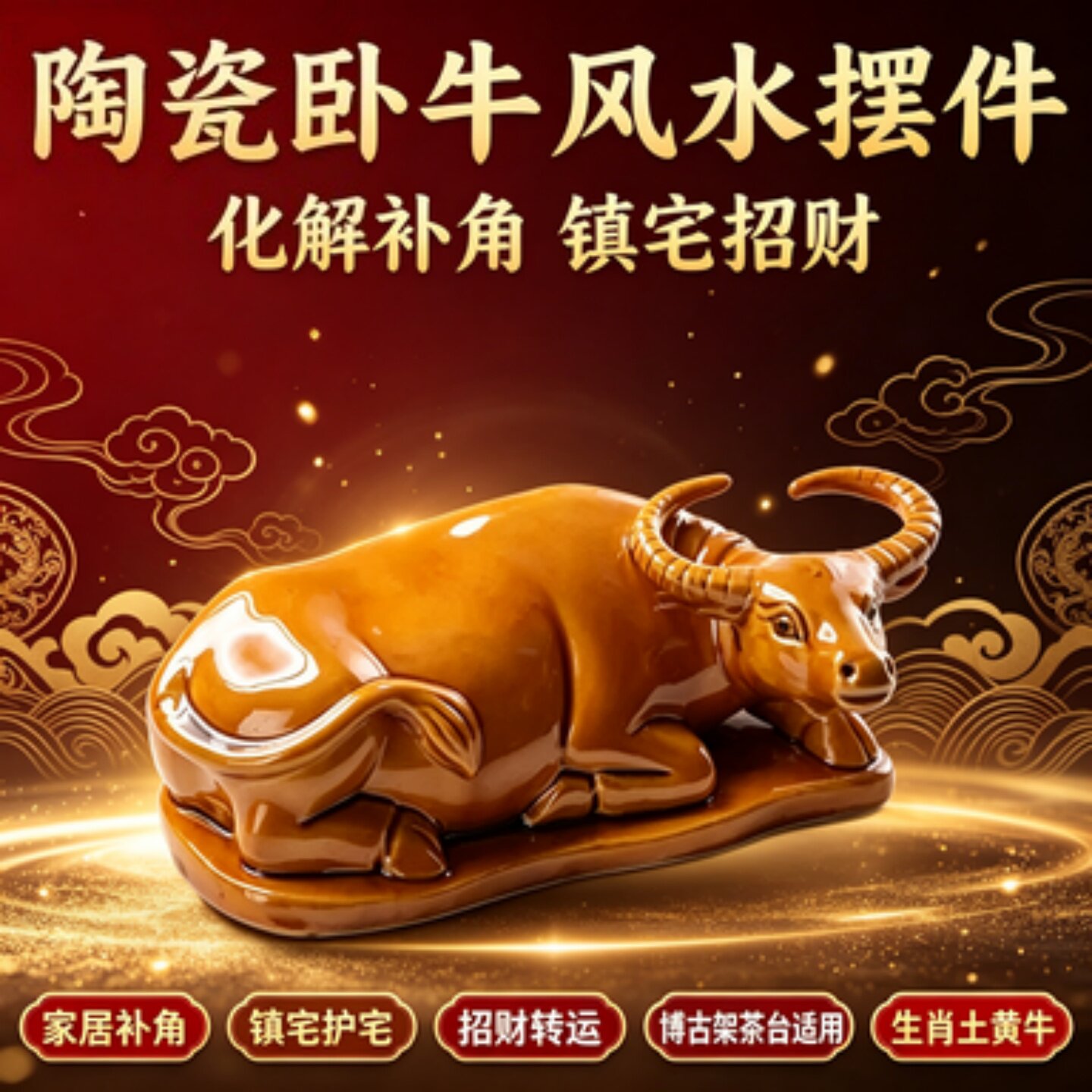 陶瓷卧牛风水摆件化解镇家居补角宅招财博古架茶台客厅生肖土黄牛图片