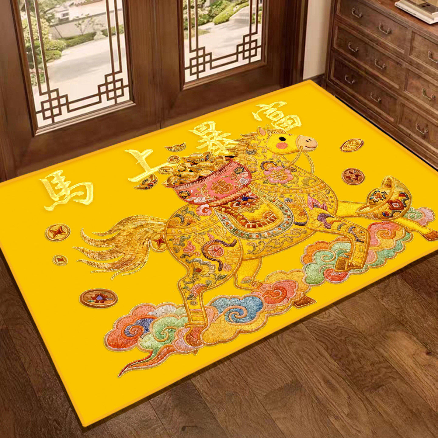 新马年入户地垫中国风刺绣金黄色地毯玄关进风水门垫防滑高端脚垫,居家布艺,入户地垫,淘宝优惠券,粉丝福利购,淘宝优惠卷