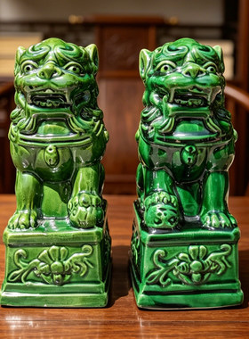 唐三彩陶瓷宫门对狮摆件黄蓝绿三色镇宅招财客厅门店户外吉祥礼品