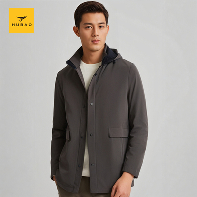 虎豹男士2025春季新款深咖色商务休闲可拆卸帽中长款男风衣外套