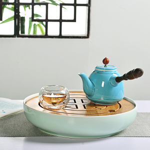 茶具  圆形陶瓷茶盘功夫茶具干泡盘托盘茶台 竹制储水式茶海