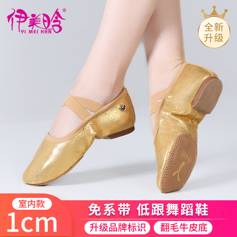 金色舞蹈鞋女软底专业古典舞鞋成人不累脚芭蕾练功鞋带跟跳舞鞋