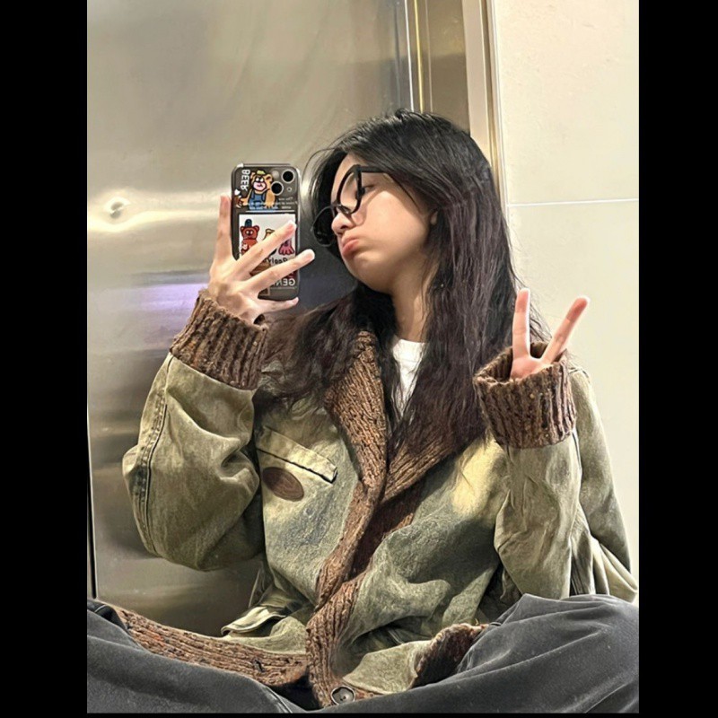 复古长袖牛仔外套女春季宽松水洗做旧拼接夹克小众设计感西装