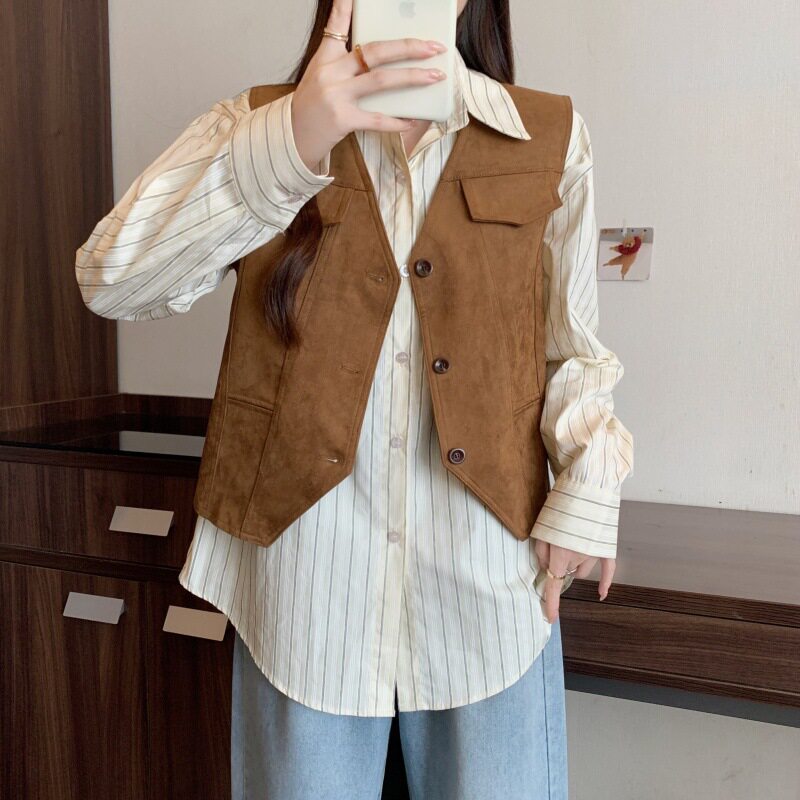 大码春季新款复古鹿皮绒宽松小个子马甲领甜酷马甲背心外套女