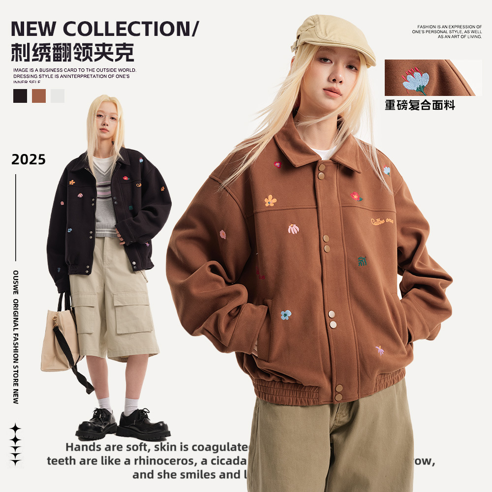 CATTEE秋季新品小花刺绣翻领外套男女美式复古短款百搭情侣夹克