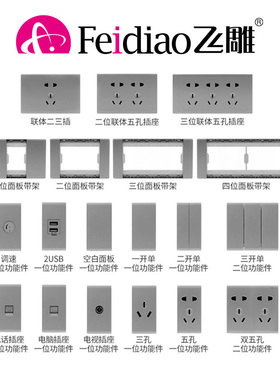 飞雕YR开关插座118型大板银月光银无边框五孔银色家用大面板