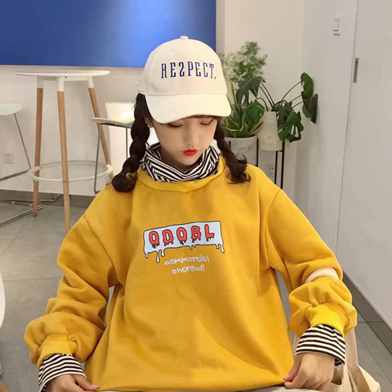 小蚊子 可可里小姐韩版时尚女装店铺套头字母印花加绒假两件卫衣