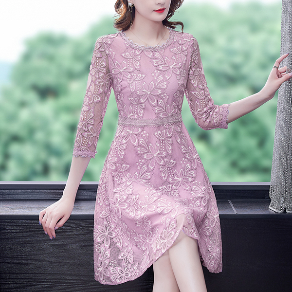 KM5155#紫色法式名媛蕾丝连衣裙中长款春装2022新款女气质a字裙