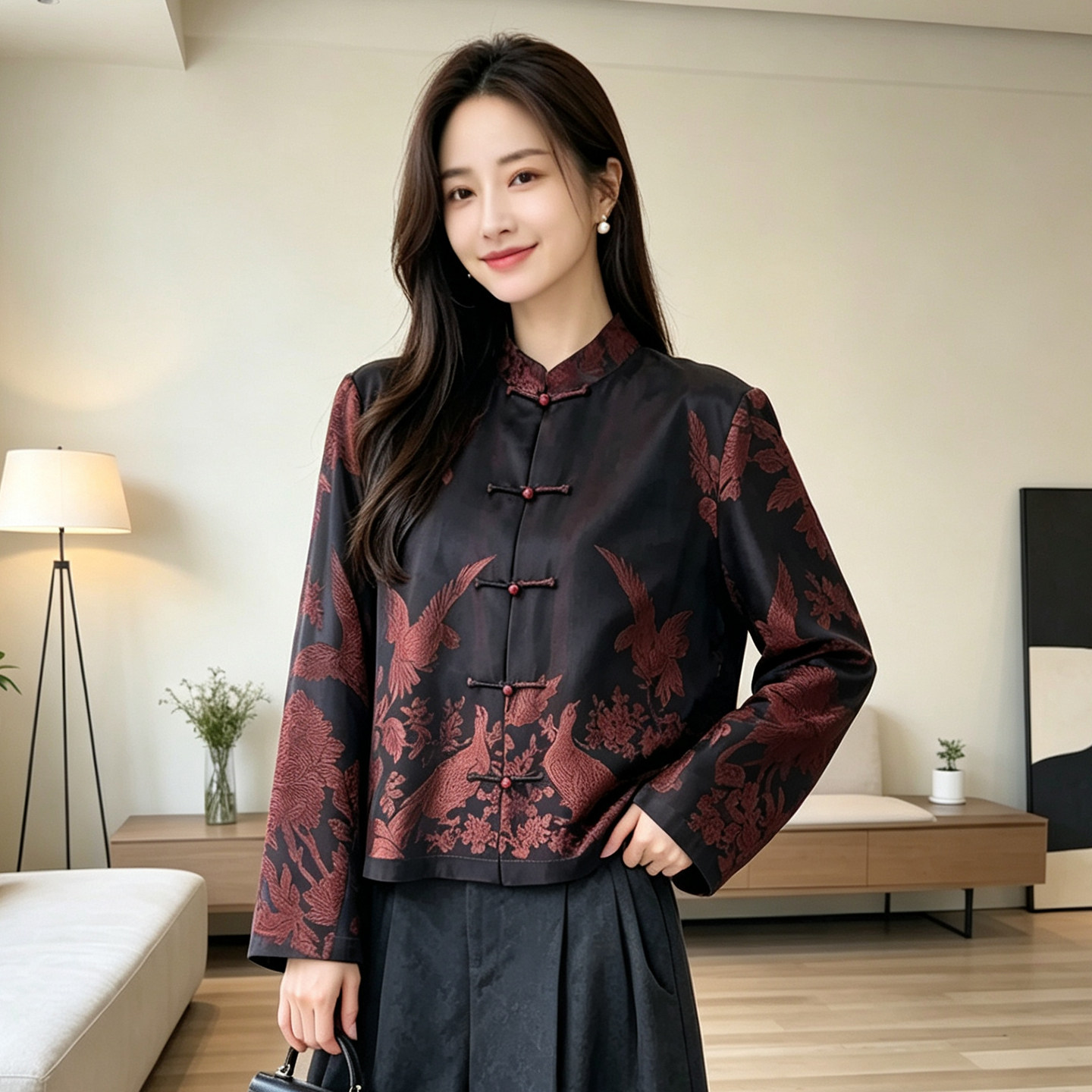 桑蚕丝新中式立领上衣女2026秋季复古盘扣外套国风老缎长衫