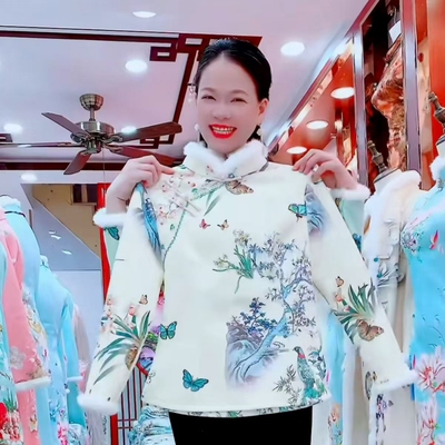 中式风加绒旗袍保暖上衣女长袖