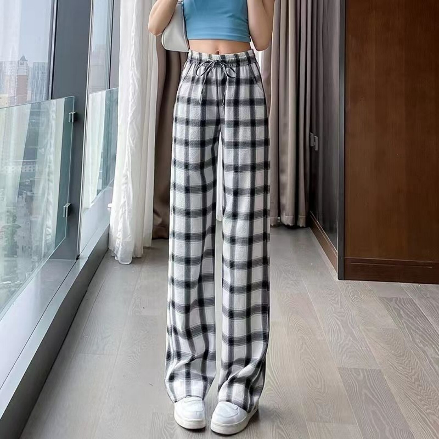 冰丝阔腿裤女2026年夏季薄款垂感直筒裤绑带宽松垂坠感显瘦休闲裤