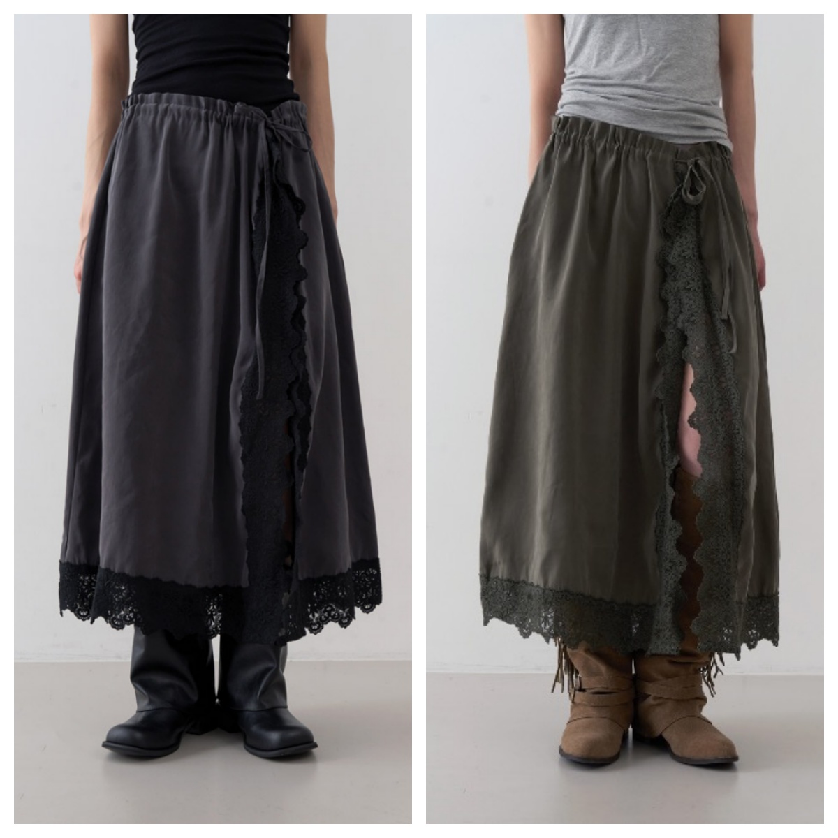 韩国lowear直邮代购2025春秋女装百搭时尚休闲蕾丝开叉长裙半身裙