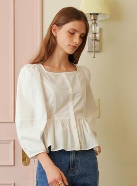 韩国among直邮代购2024春秋女装白色减龄宽松休闲一字领衬衫上衣