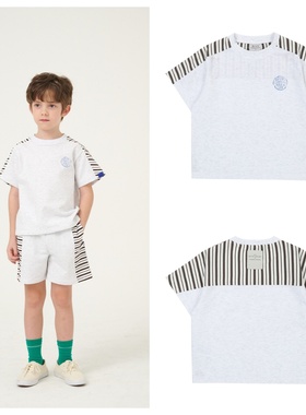been韩国直邮代购2025夏儿童灰色条纹圆领套头短袖T恤童装100-165