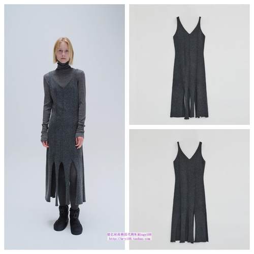 韩国diagonal直邮代购2024秋冬女装炭灰开叉休闲V领吊带连衣裙