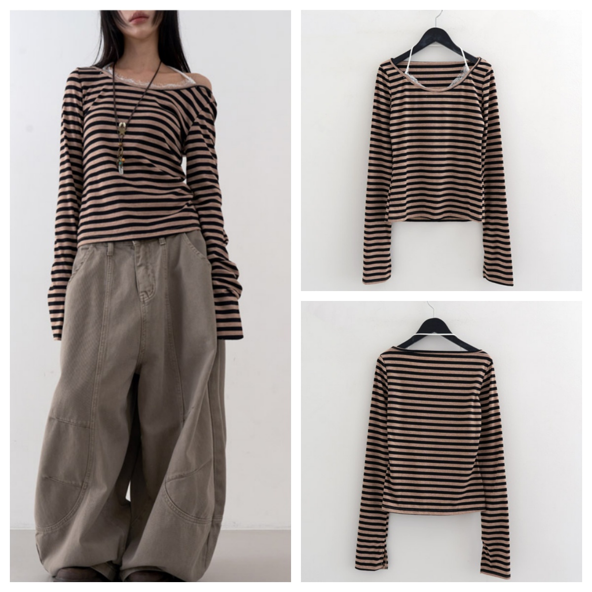 韩国lowear直邮代购2025春秋女装休闲百搭条纹挂脖长袖T恤上衣