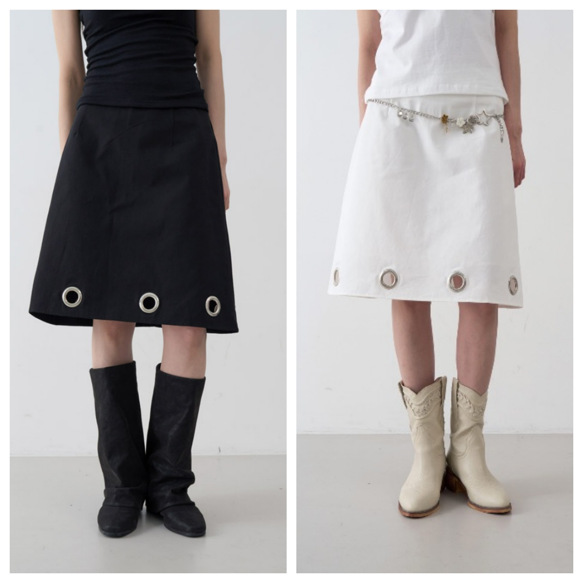 韩国lowear直邮代购2025春秋女装百搭时尚休闲大孔中长款半身裙