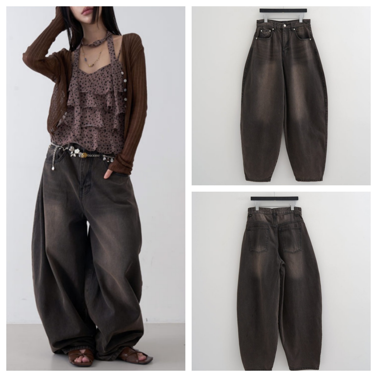 韩国lowear直邮代购2025春秋宽松休闲时尚百搭做旧气球牛仔长裤