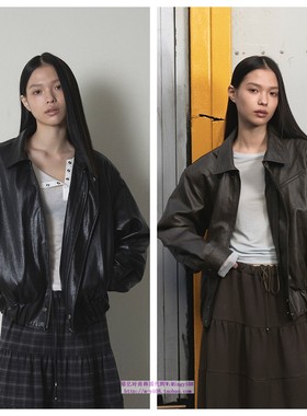 韩国ordes直邮代购2025春秋帅气休闲合成皮革女装翻领上衣外套
