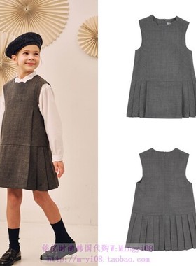 been韩国代购2024春秋女童灰色百褶无袖时尚洋气连衣裙120-165