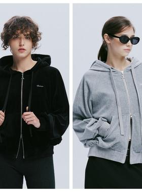 韩国AFTERHOURS直邮代购2024春秋女装天鹅绒连帽休闲简约短款外套