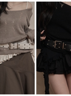 韩国khakipoint直邮代购2025时尚百搭休闲女士牛皮双排铆钉腰带