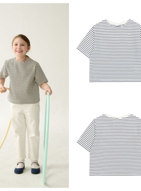 been韩国直邮代购2025春夏儿童黑色条纹套头休闲宽松短袖T恤童装