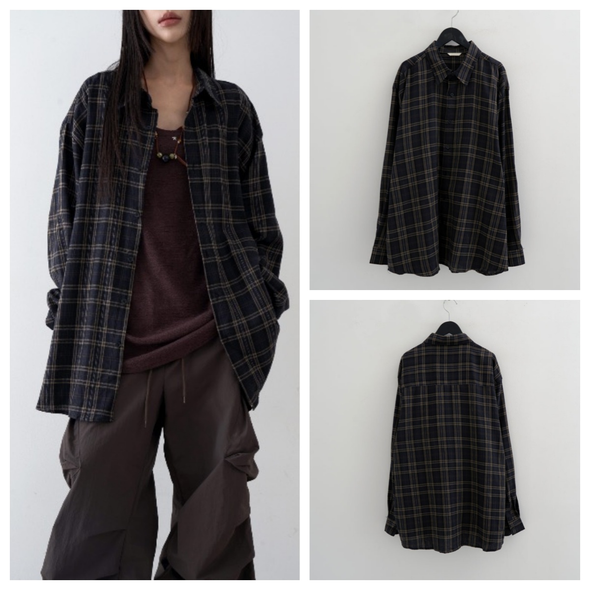 韩国lowear直邮代购2025春秋女装宽松休闲格子单排扣衬衫长袖上衣