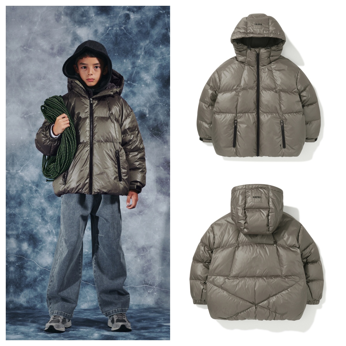 bluetail韩国代购2025冬儿童米色保暖连帽短款羽绒服外套130-175