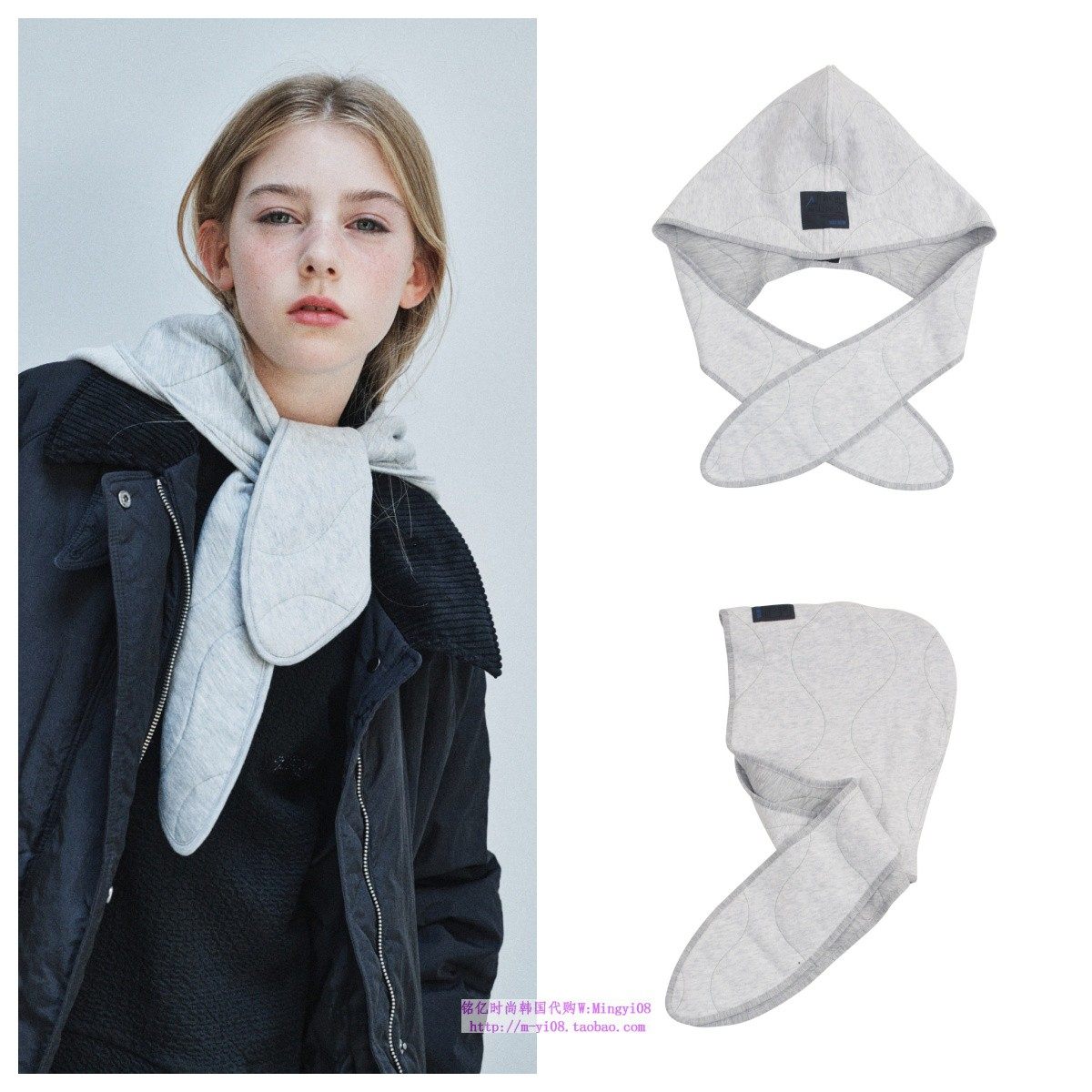 bluetail韩国代购2024秋春儿童浅灰围脖式休闲套头帽纯色百搭帽子