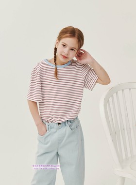 been韩国代购2024夏儿童红色条纹圆领套头休闲短袖T恤童装110-165