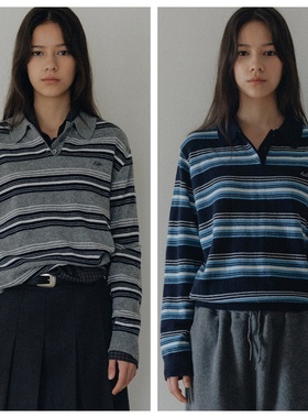 韩国andneeds直邮代购2025春秋女装百搭时尚宽松条纹翻领长袖T恤