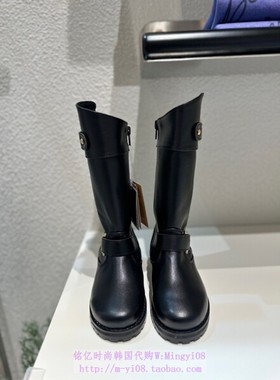 been韩国代购2023秋春儿童女孩黑色皮靴平底中筒靴童鞋190-230