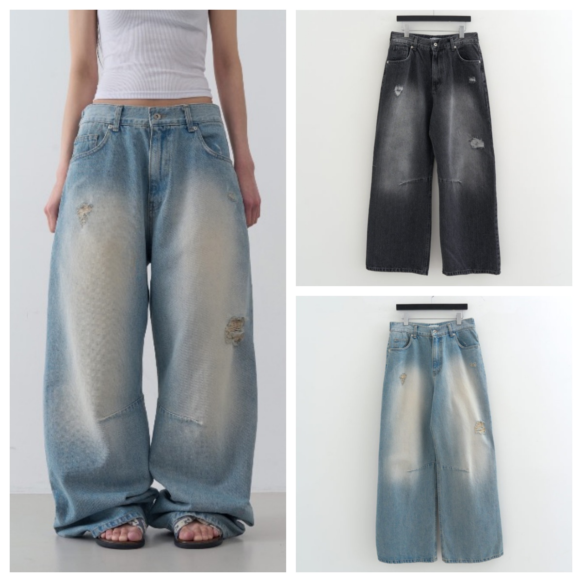 韩国lowear直邮代购2025春秋宽松休闲时尚百搭做旧拖地牛仔长裤