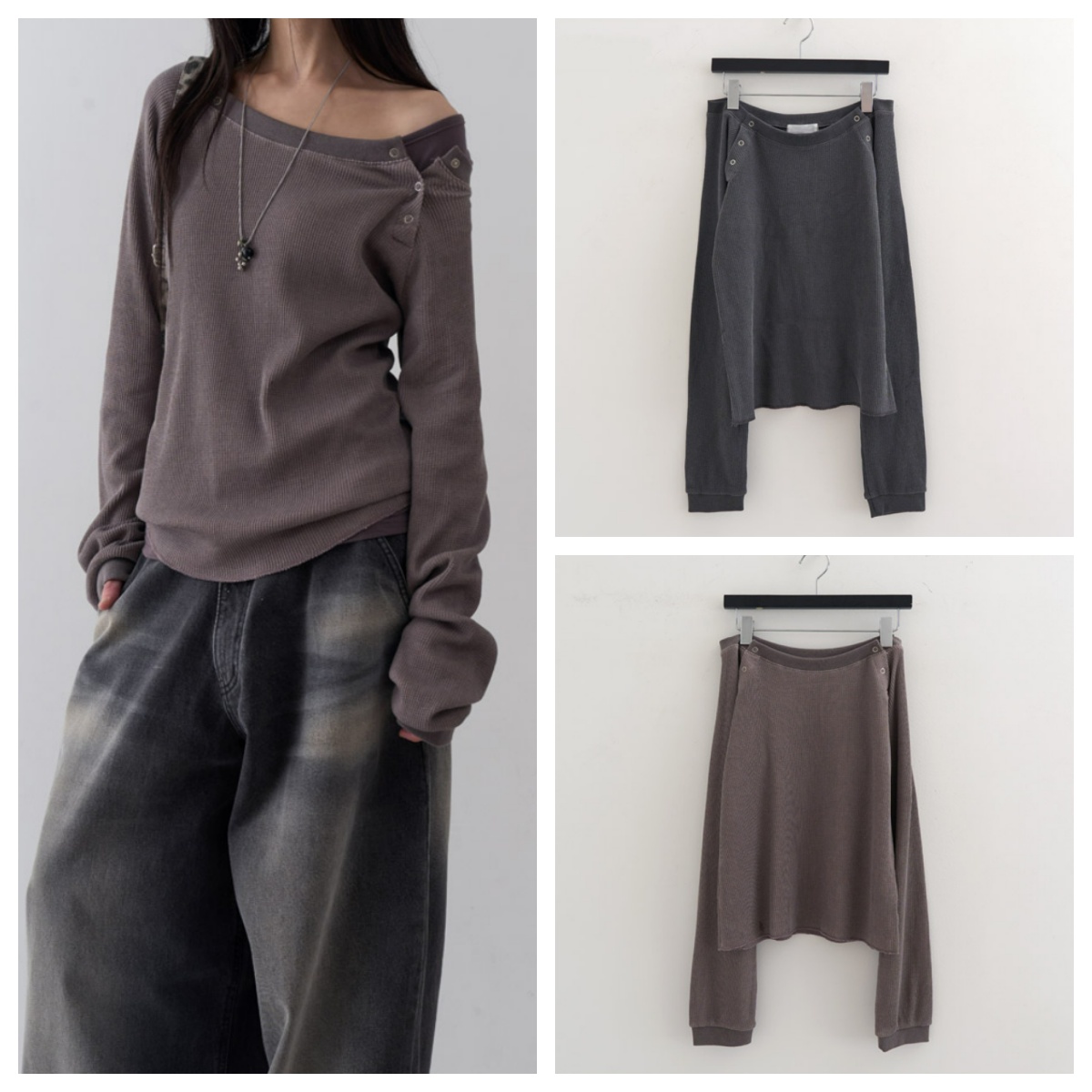 韩国lowear直邮代购2025春秋女装休闲百搭斜扣露肩长袖T恤上衣