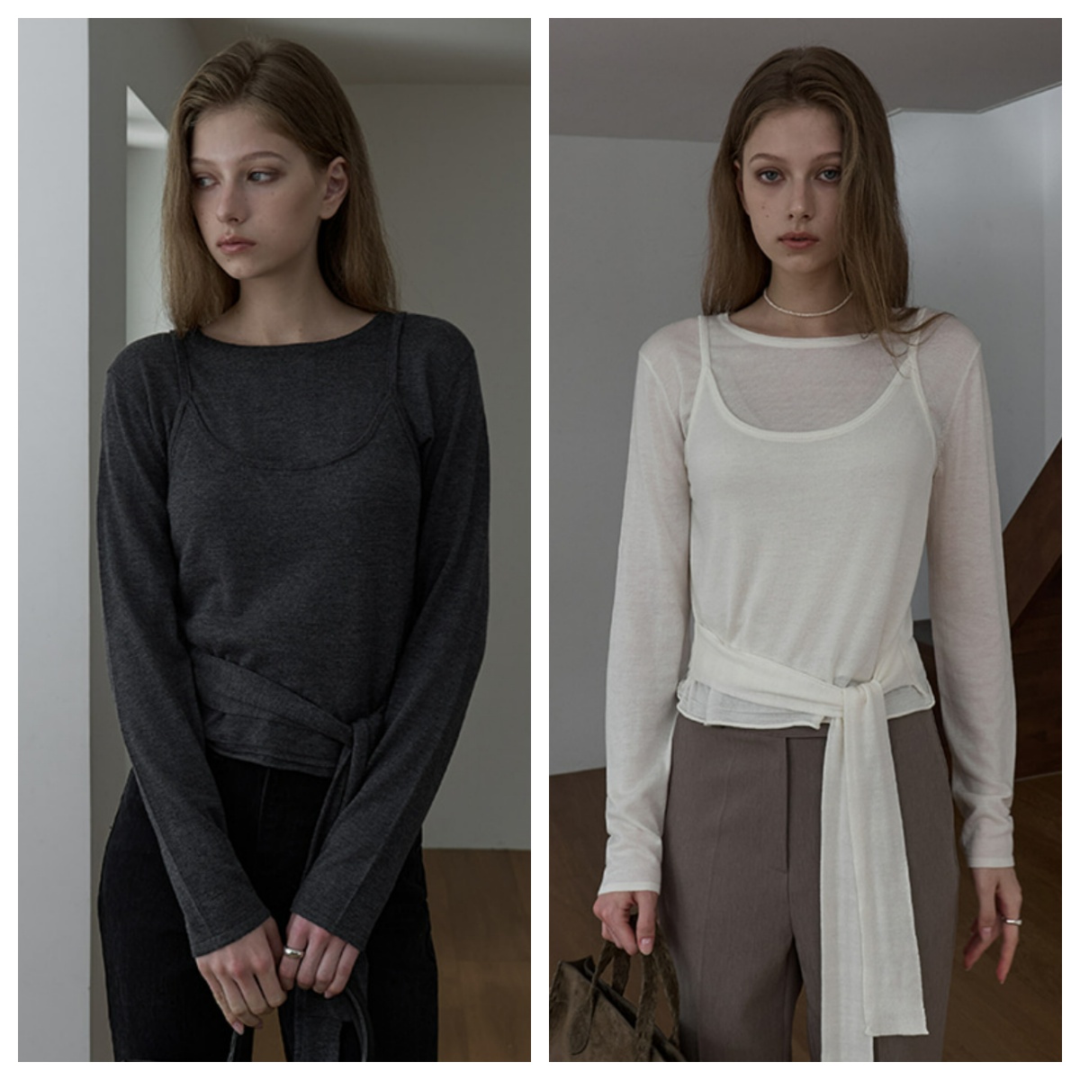 韩国ouie直邮代购2025春秋女装百搭时尚修身长袖T恤吊带两件套