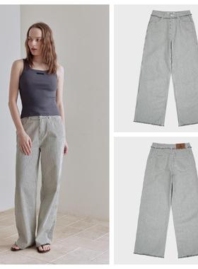 韩国afterhours直邮代购2025春秋复古百搭条纹碎边休闲宽松长裤