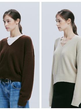 韩国AFTERHOURS直邮代购2024春秋女装羊毛混纺V领针织毛衣上衣