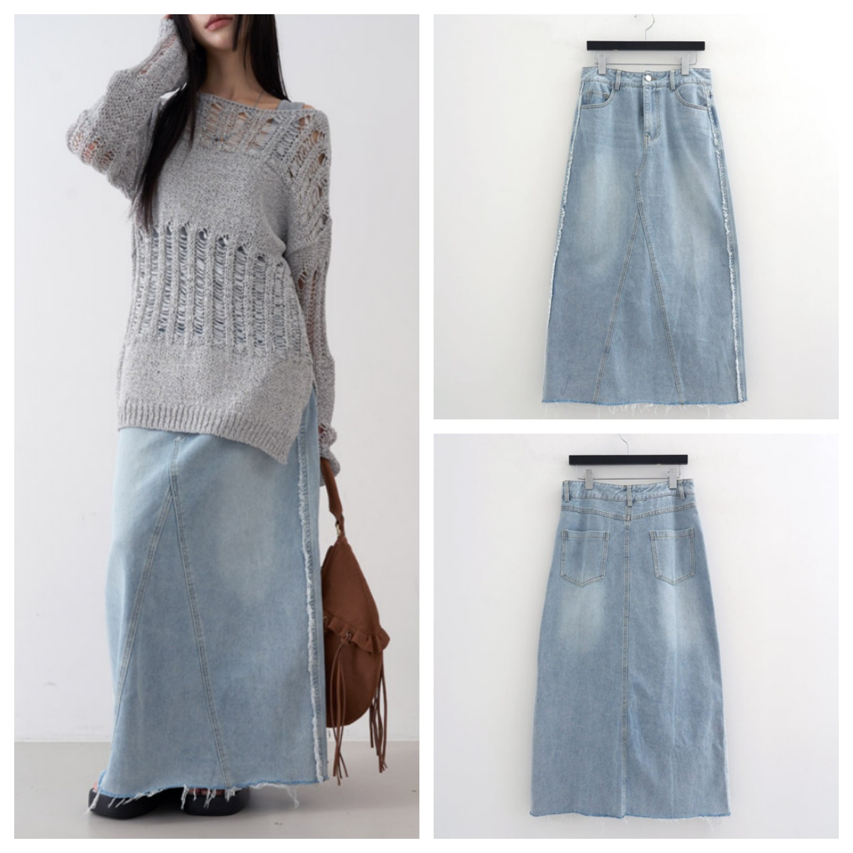 韩国lowear直邮代购2025春秋女装百搭时尚休闲牛仔毛边长裙半身裙