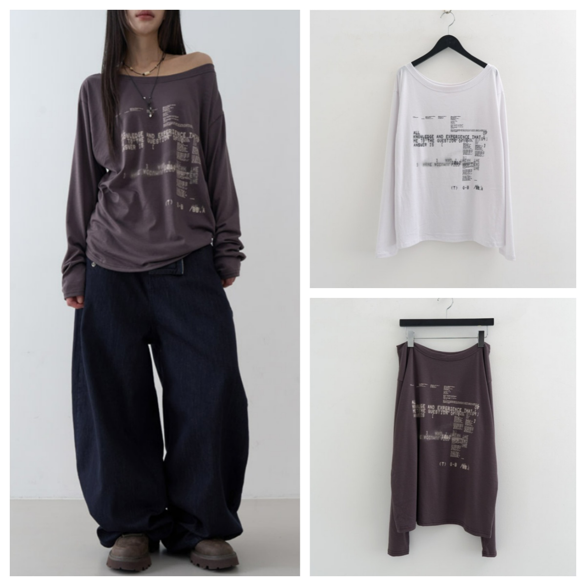 韩国lowear直邮代购2025春秋女装休闲宽松百搭露肩长袖T恤上衣