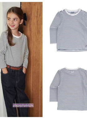 been韩国代购2024秋春儿童海军蓝条纹套头休闲长袖T恤童装110-165