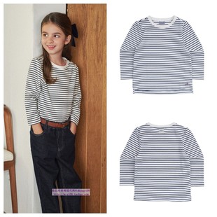 110 T恤童装 165 2024秋春儿童海军蓝条纹套头休闲长袖 been韩国代购
