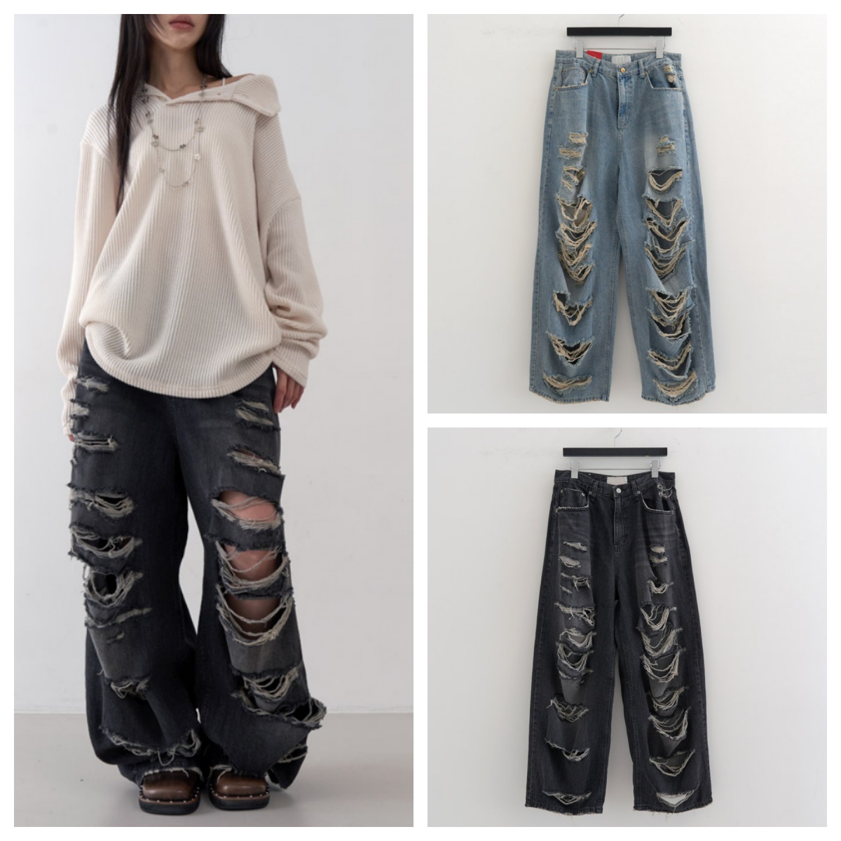 韩国lowear直邮代购2025春秋宽松休闲时尚百搭做旧破洞牛仔长裤