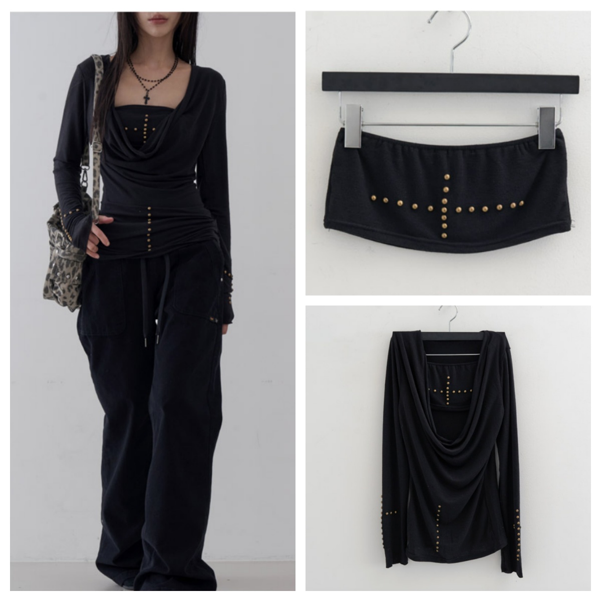 韩国lowear直邮代购2025春秋女装休闲宽松百抹胸大领长袖T恤上衣