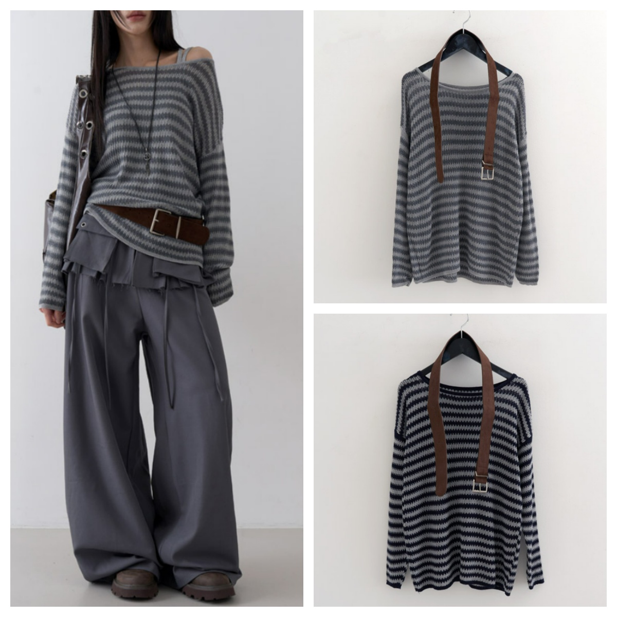 韩国lowear直邮代购2025春秋女装露肩条纹套头针织衫时尚休闲上衣