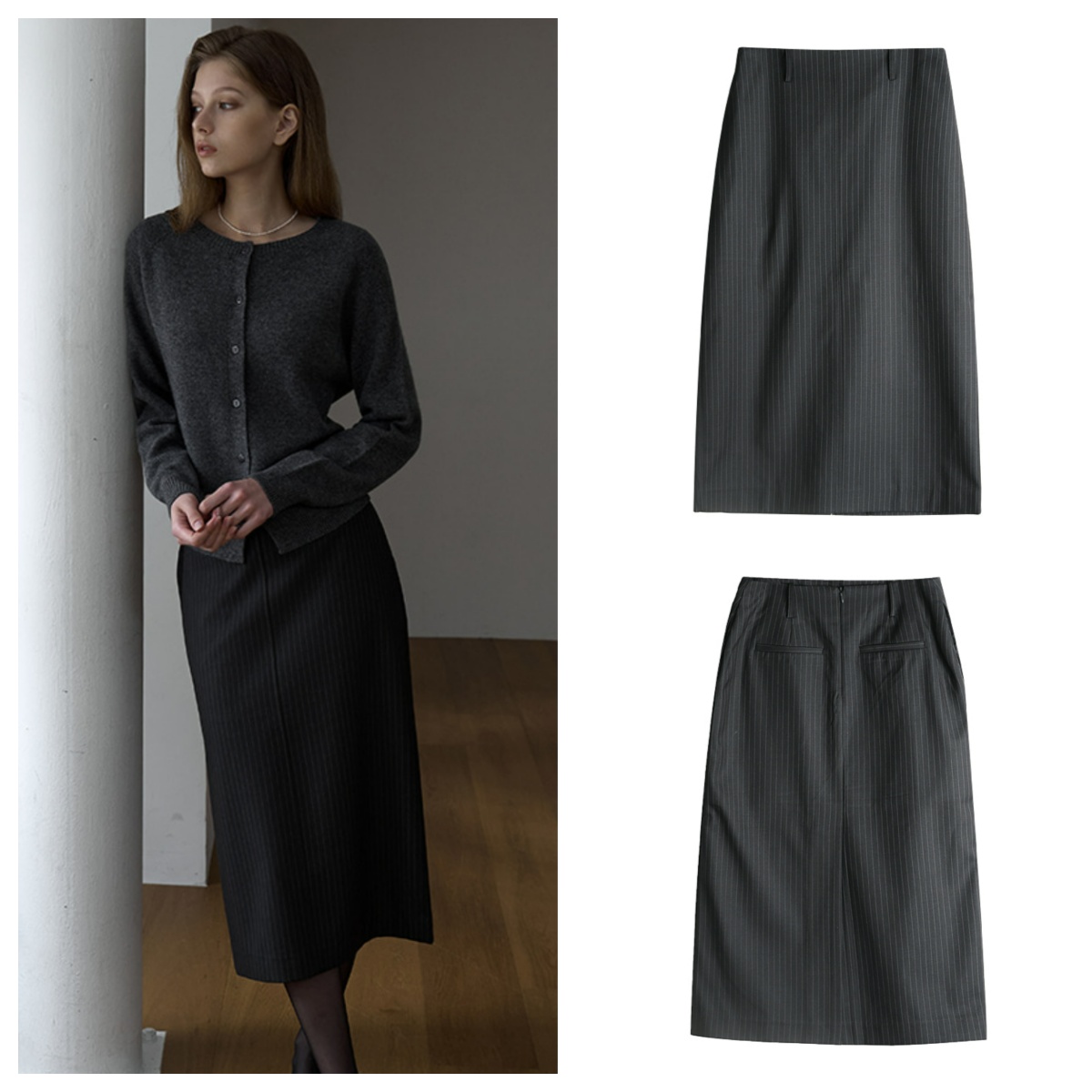 韩国ouie直邮代购2025春秋女装时尚百搭气质条纹休闲中长半身裙