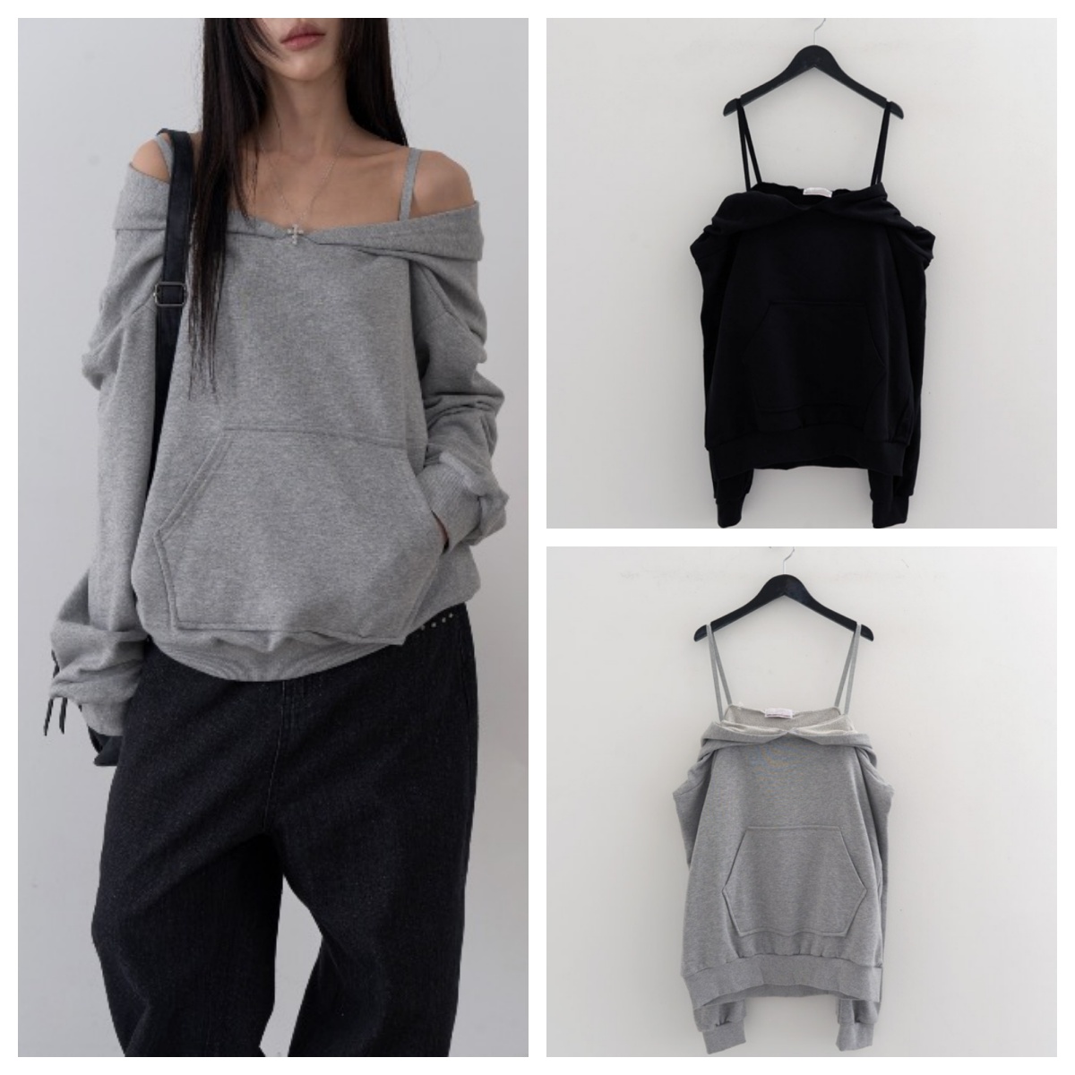 韩国lowear直邮代购2025春秋女装休闲百搭吊带露肩长袖T恤上衣