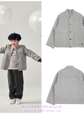 been韩国代购2023秋冬儿童灰色羊毛休闲开衫外套无领童装130-145