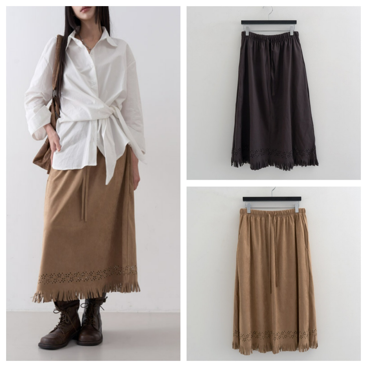 韩国lowear直邮代购2025春秋女装百搭时尚休闲舒适流苏长裙半身裙