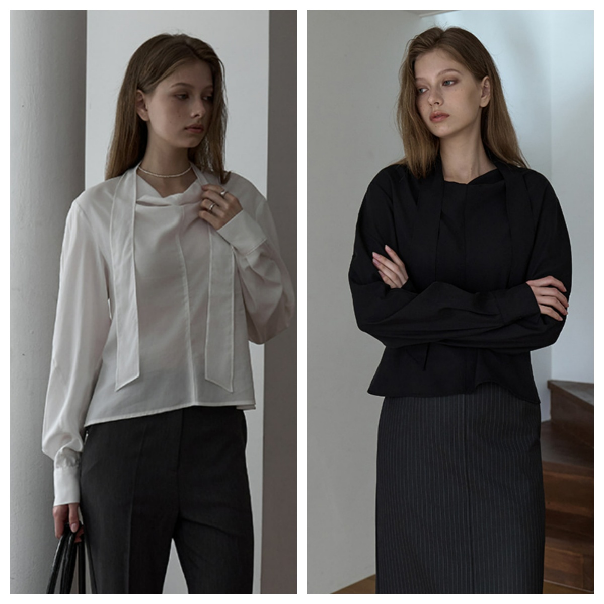 韩国ouie直邮代购2025春秋女装宽松时尚百搭休闲气质系带长袖衬衫